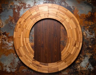 Circular frame of layered wood segments against a mottled rust-colored wall, revealing a dark wood backdrop