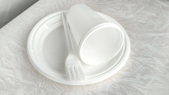White disposable plastic tableware set on the table. The use of disposable tableware in public catering. Napkins, forks, glasses, plates.