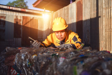Recycling Inspector: A dedicated inspector, clad in protective gear, meticulously examines collected recyclables within an industrial setting, embodying the spirit of environmental stewardship.