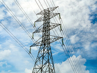 High voltage electric pole power line electric transmission tower background, technology energy clean ecosystem change green environment, substation construction pylon generator grid electricity.