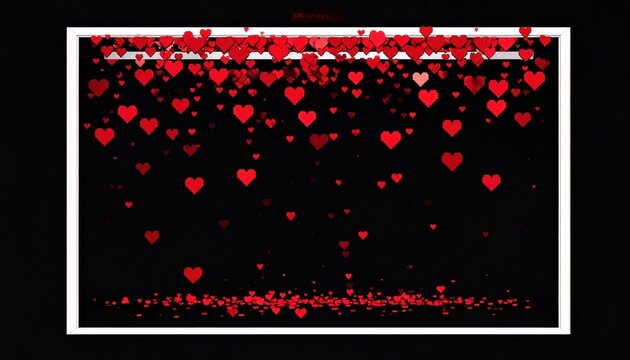 Red hearts descend on black, framed in white, creating an abstract love-themed design. A few rest at the bottom, clustered together