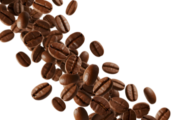 A cascade of roasted coffee beans, creating a dynamic and aromatic visual experience