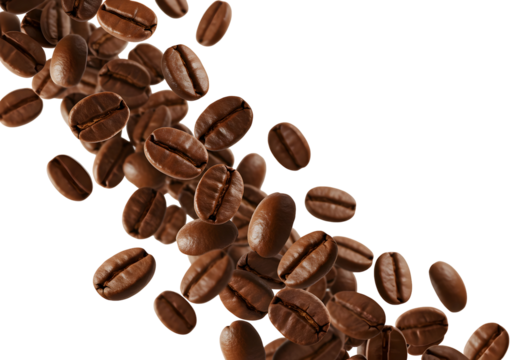 A cascade of roasted coffee beans, creating a dynamic and aromatic visual experience