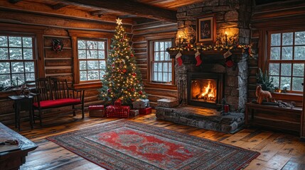 Naklejka premium Cozy Christmas cabin living room with fireplace and tree