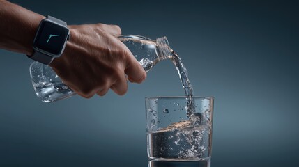 Background image of man's hand wearing smartwatch, holding clear water bottle and pouring water into clear glass on dark blue-gray background.
