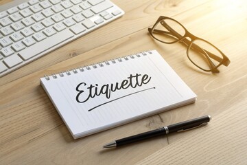 Elegant workspace featuring a notepad d 'Etiquette', a keyboard, glasses, and a pen