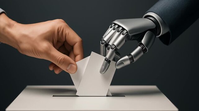 Robot and human hands casting ballots into voting box, showcasing technologys role in democracy and election process
