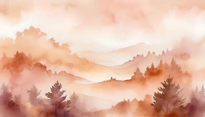 Ethereal Foggy Forest Landscape Watercolor Painting