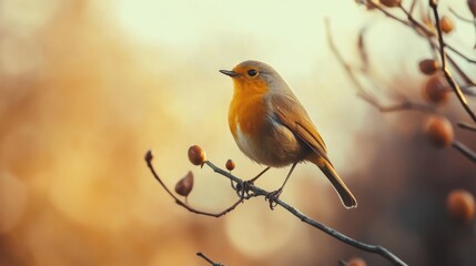Obraz premium Robin perched on branch with berries in serene garden