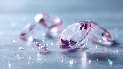 Elegant Pinkish Diamonds on a Light Blue Textured Surface in Dramatic Lighting Reflecting Sparkling Glitters