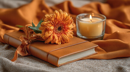 Orange journal flower candle cozy fabric gratitude pause relaxation autumn mood warm light