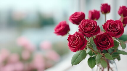 Elegant Red Rose Bouquet in Glass Vase Near Window with Blurred Background and Soft Lighting Creates a Romantic Ambiance for Special Occasions