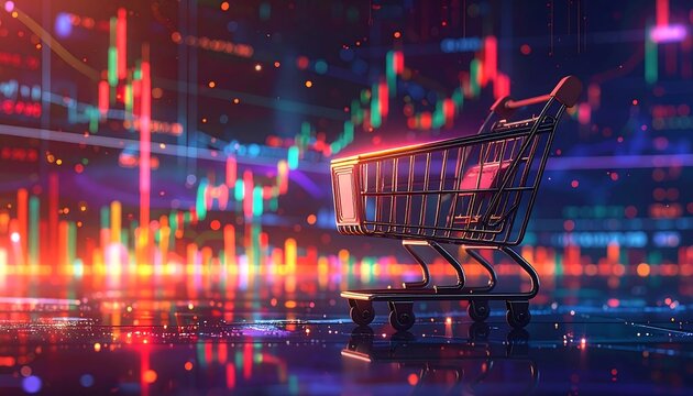 A shopping cart sits before a colorful, abstract financial market graph, representing online commerce and financial data