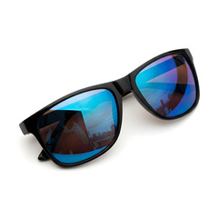 A pair of black-framed sunglasses with blue mirrored lenses, reflecting a building.