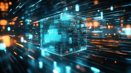 Fototapeta premium Glowing digital cube with blue and orange light streaks in abstract space