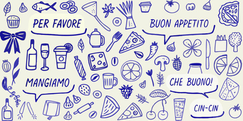 Fun hand drawn italian food phrases and icons with a whimsical doodle style