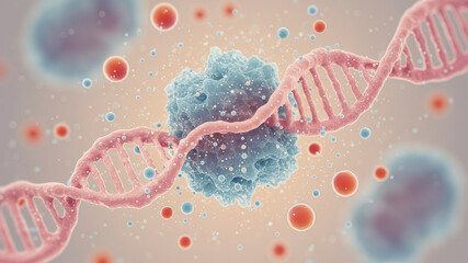 A macro view of a DNA helix interacting with a cell, showing a beautiful 3D render for a presentation on gene therapy or genetic engineering research Science Innovation Medicine.