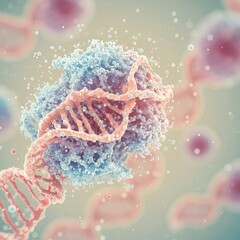 A beautiful visualization of the molecular world with a central protein, DNA and floating particles, an elegant backdrop for a science foundation or a research grant proposal Discovery