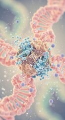 A conceptual 3D render of cellular division and genetic replication with a soft focus background, a compelling visual for a science textbook or an educational poster Education Life