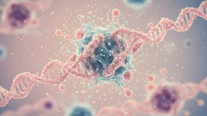 A detailed microscopic visualization of a targeted drug delivery system interacting with a cell and DNA strand, an ideal background for a pharmaceutical industry report Research Future