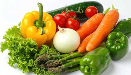 Vibrant pile of fresh produce, showcasing colorful vegetables like peppers, tomatoes, carrots, zucchini, onion, lettuce, and asparagus on a white surface