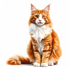 Obraz premium Ginger Maine Coon cat sits regally against a white backdrop, fluffy fur shining, large amber eyes gazing forward, long tail curling around paws