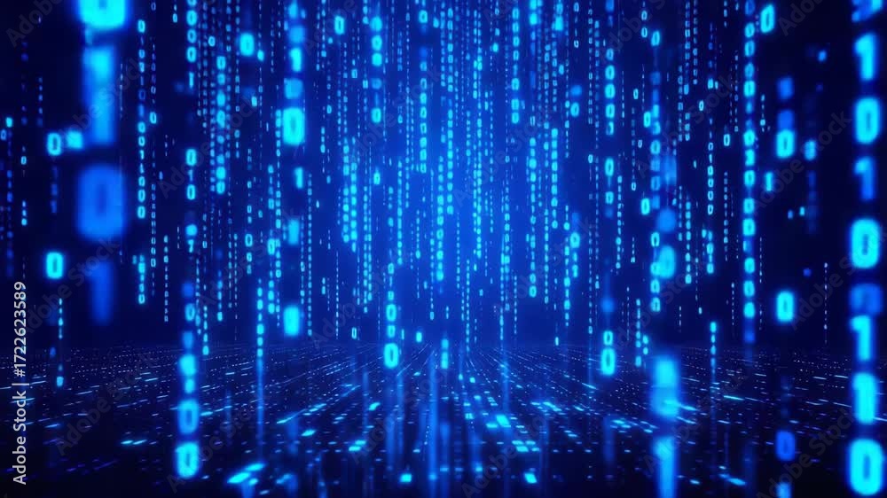 Wall mural Abstract digital illustration of binary code flowing downwards, representing data streams.
