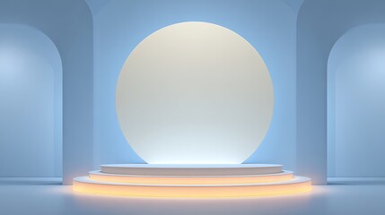 Illuminated podium with a glowing circular backdrop, creating a captivating stage for product displays and presentations