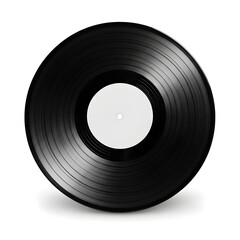 A black vinyl record with a white label in the center, isolated on a white background.