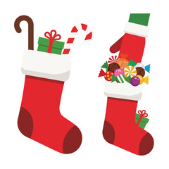 Two festive red Christmas stockings filled with gifts, candy, and a red mitten.