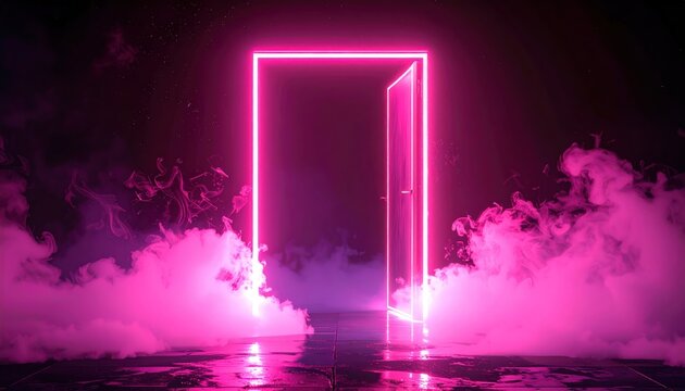 A vibrant magenta neon door frame glows amidst swirling pink smoke on a dark, reflective floor, creating an otherworldly entrance