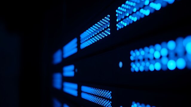 Close-up of glowing blue server rack lights creating an abstract technological pattern on a dark background.