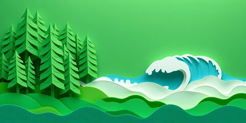 Obraz premium Abstract green paper cut forest and ocean waves, modern, spring