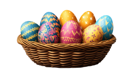 vibrant easter eggs in a rustic basket, showcasing an array of colorful designs, are arranged in a festive springtime display.  Isolated On Transparent and White Background