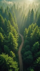Fototapeta premium Aerial view of winding road through evergreen forest