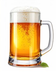 A large glass mug filled with light amber beer, topped with a generous head of white, foamy bubbles, rests on a white surface with a single leaf