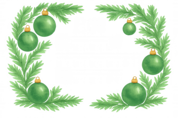 Christmas fir tree branches decorating a holiday frame with green baubles, watercolor vector illustration with transparent background