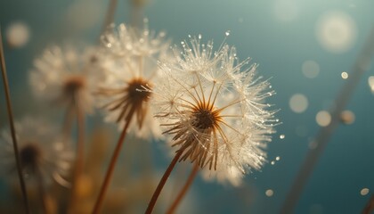 Dew-covered dandelions in serene outdoor field