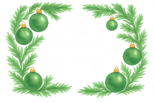 Christmas fir tree branches decorating a holiday frame with green baubles, watercolor vector illustration with transparent background