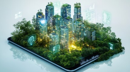 Futuristic cityscape with digital interface and nature integration