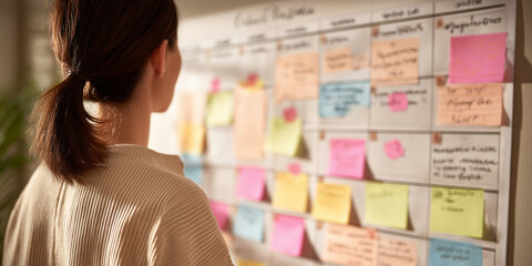 Woman organizing colorful sticky notes on a planning board indoors