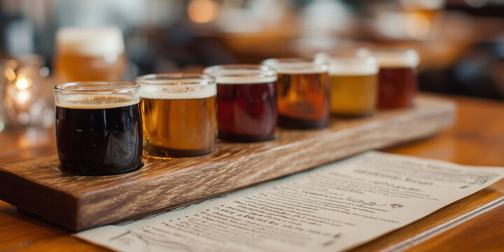 Craft beer flight served on wooden board with menu in restaurant