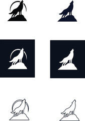 Wild wolf vector icon set featuring howling wolf silhouettes, outline art, and flat designs, great for wildlife logos, tribal tattoos, and branding use.