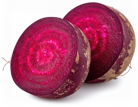 Two beetroot halves showcasing vibrant concentric rings of dark purple flesh, against a white backdrop, suggesting freshness and natural appeal