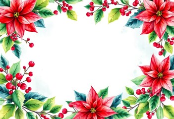 Watercolor Christmas floral frame with poinsettias, holly, and red berries, border, poinsettia