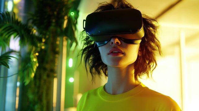 Young woman wearing virtual reality headset indoors at night - Powered by Adobe