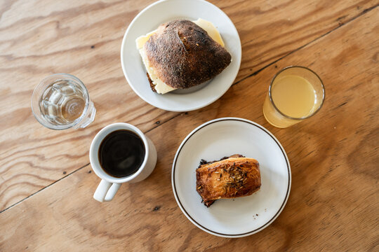 Breakfast of bread and cheese bakery in Copenhagen, Denmark. A staple Danish morning meal.