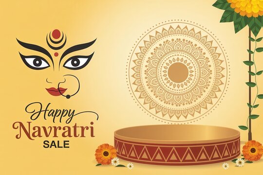 Happy navratri sale background with goddess durga face and floral decoration