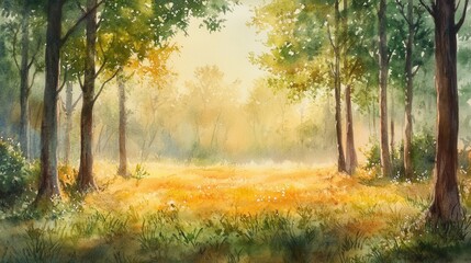 Fototapeta premium Sunlight Filtering Through Trees in Serene Forest Field