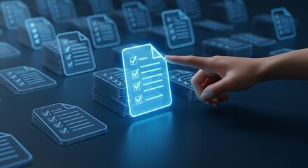 Hand selecting a glowing checklist document among many others digital management task completion selection 3D rendering technology